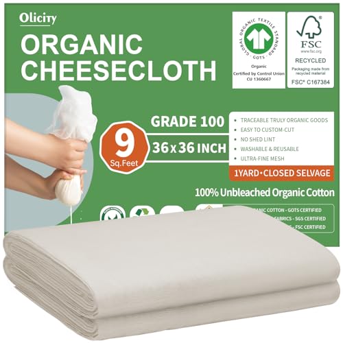 Classic Organic Cheese Cloths, GOTS Certified, Grade 100, 36x36Inch, Reusable Essentials