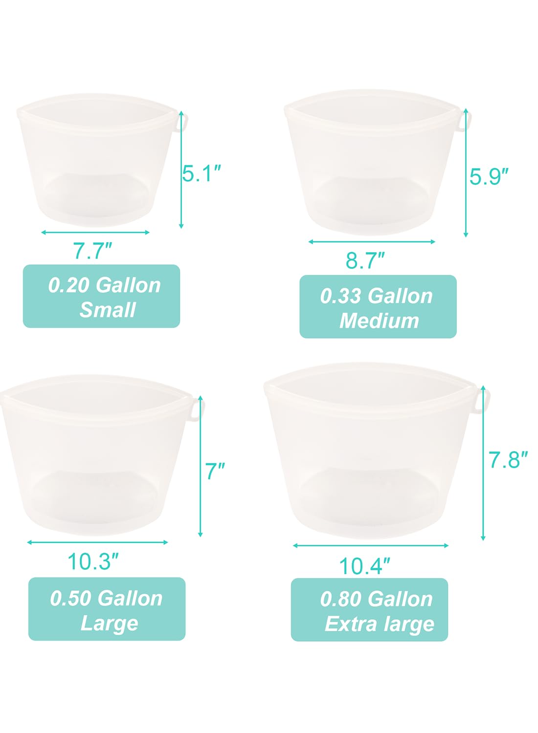 Reusable Silicone Food Storage Bags 4Pack with 2 Sandwich, 1 Lunch, and 1 Half-Gallon Bags, Multiuse Pouches Stand Up Zip Container for Soup and Leftovers, Microwave, Dishwasher, Oven and Freezer Safe