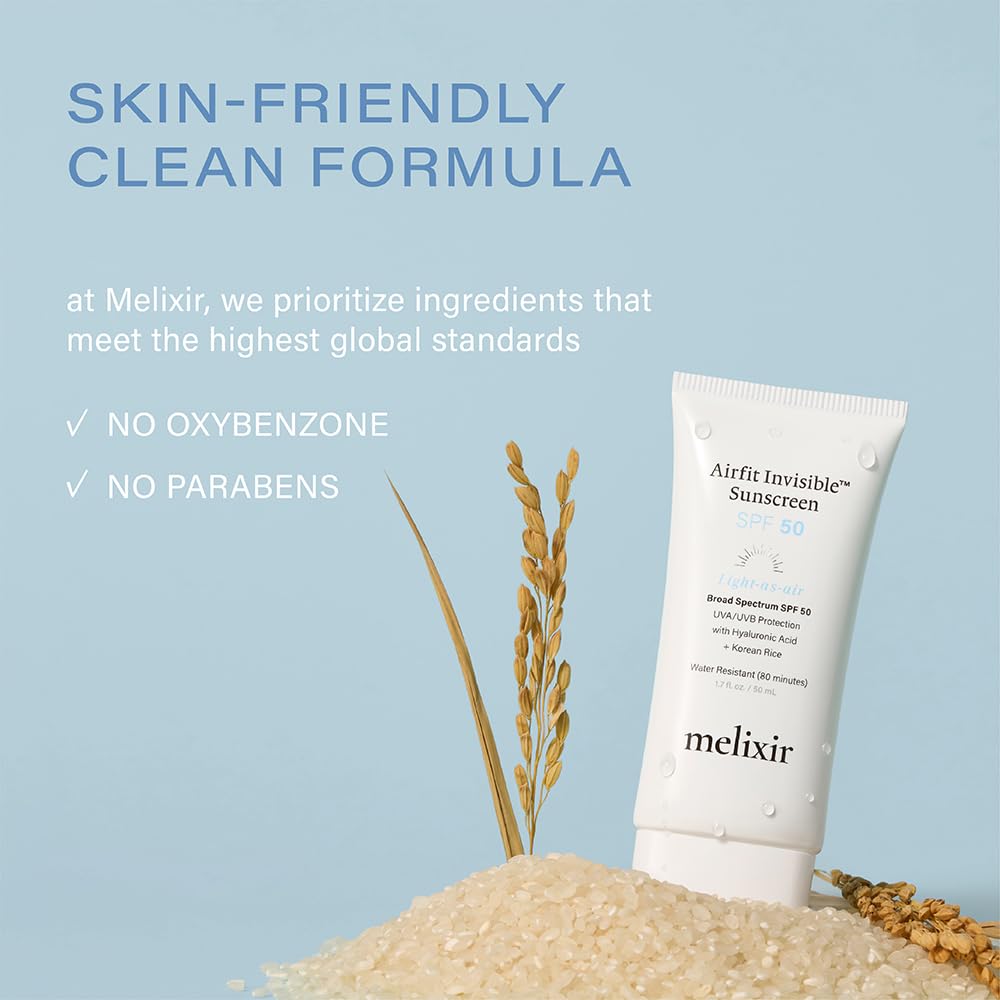 Melixir Airfit Invisible™ Sunscreen SPF 50, Broad Spectrum Korean Rice Sunscreen for Face, Hyaluronic Acid, Moisturizing Daily Protection for Sensitive Skin, No White Cast, Waterproof (1.7fl.oz./50ml)