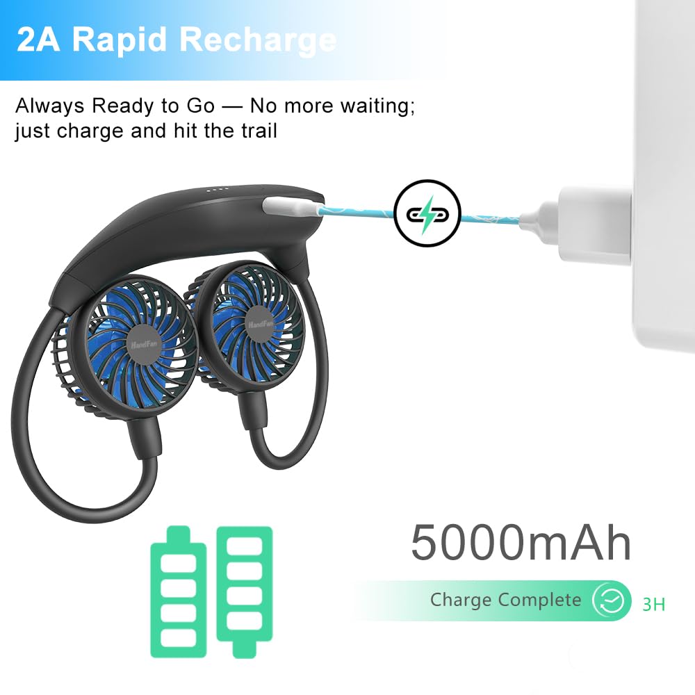 HandFan 10000mAh Portable Neck Fan Rechargeable, 48Hrs Long-Lasted Wearable Personal Fans, Hands Free Necklace Fans, Hanging Cooling Fan for Travel, Hiking, Fishing, Gifts for Women Men