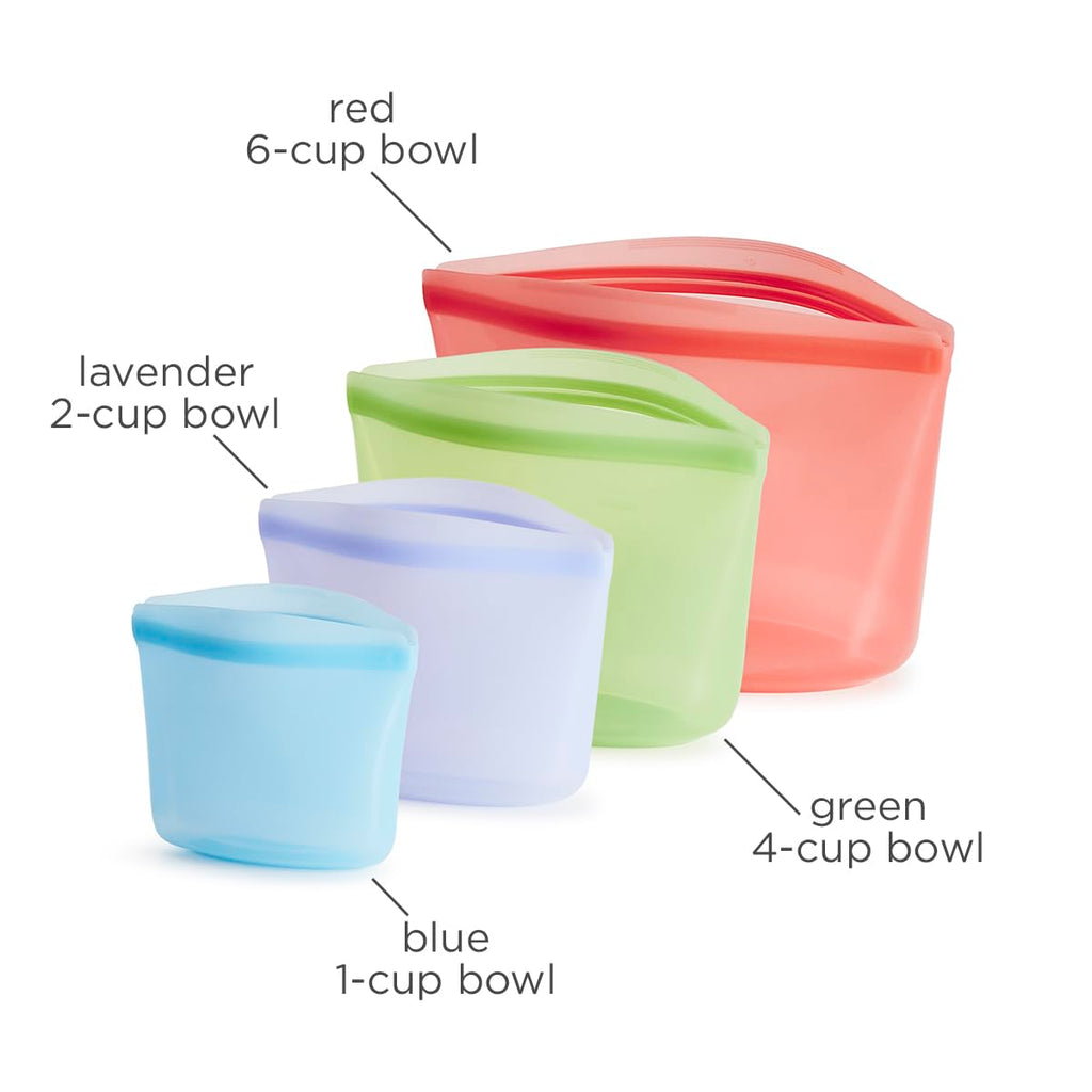 Stasher Silicone Reusable Storage Bags, 4-Pack, Reusable Freezer Bags, Microwave, Dishwasher, Oven Safe, Sous Vide, Premium Lunch Containers, Eco Friendly, Food Storage Bags, Snack Bags, Multicolor