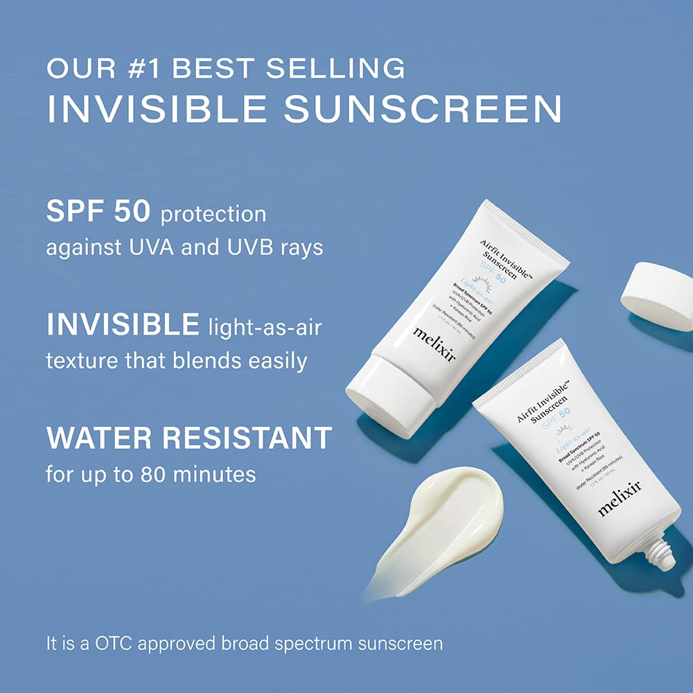 Melixir Airfit Invisible™ Sunscreen SPF 50, Broad Spectrum Korean Rice Sunscreen for Face, Hyaluronic Acid, Moisturizing Daily Protection for Sensitive Skin, No White Cast, Waterproof (1.7fl.oz./50ml)
