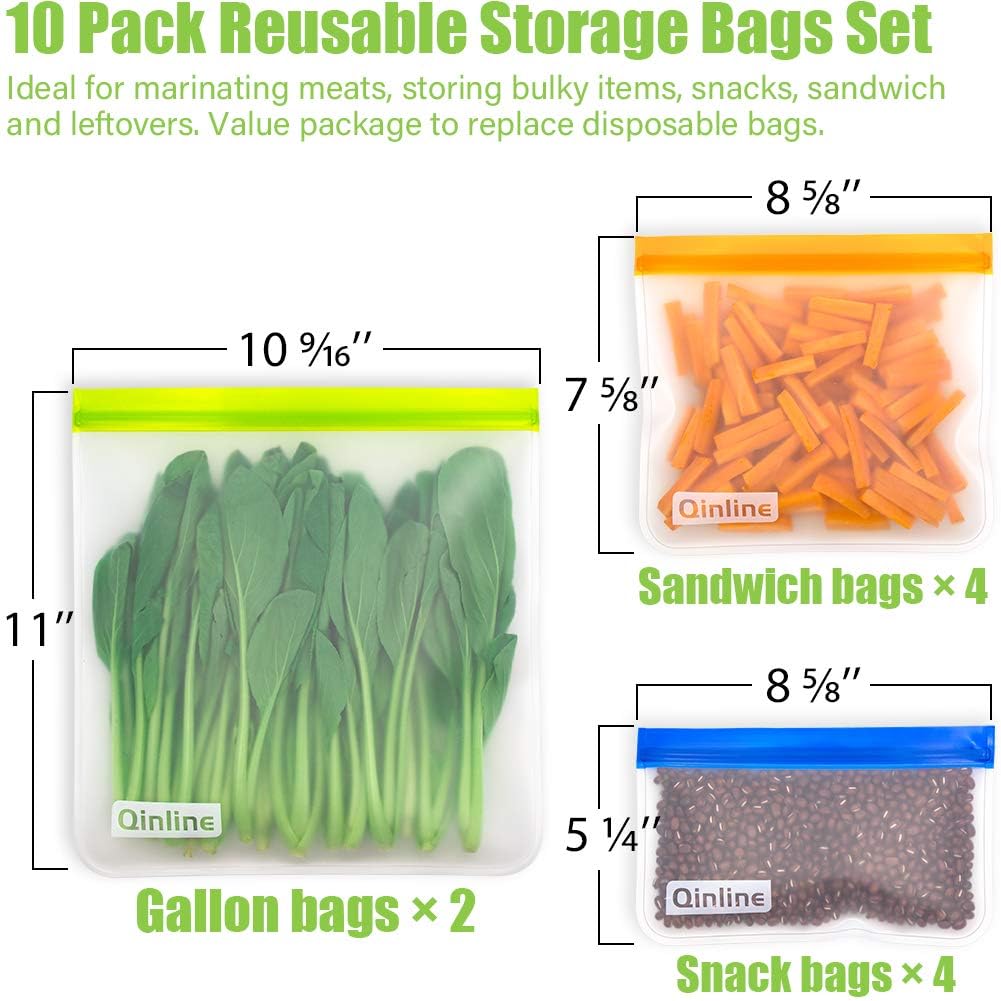 Qinline Reusable Food Storage Bags - 10 Pack Freezer Bags, Reusable Bags Silicone, Extra Thick Leakproof Reusable Lunch Bag for Salad Fruit Snack Travel - 2 Gallon 4 Sandwich 4 Snack Bags