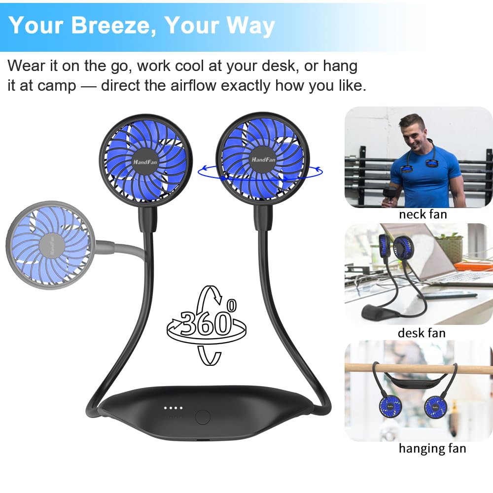 HandFan 10000mAh Portable Neck Fan Rechargeable, 48Hrs Long-Lasted Wearable Personal Fans, Hands Free Necklace Fans, Hanging Cooling Fan for Travel, Hiking, Fishing, Gifts for Women Men