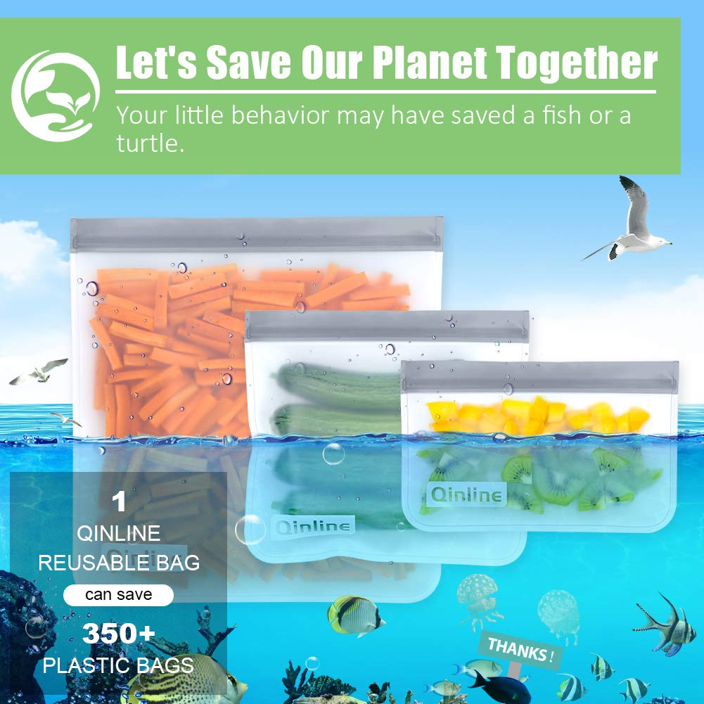 Qinline Reusable Food Storage Bags - 24 Pack Freezer Extra Thick Leakproof Lunch Bag - 8 Gallon 8 Sandwich 8 Snack Bags
