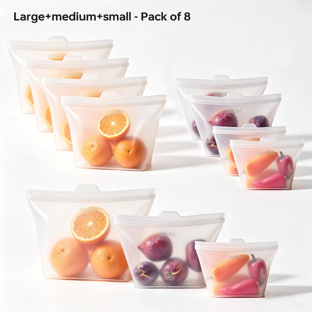 Reusable Silicone Food Storage Bags, 100% Silicone Stand-Up Wide-Open Zip-Lock Reusable Storage Bags for Food, Freezer Microwave Oven Dishwasher Safe (Translucent | M+S | 8 PC)