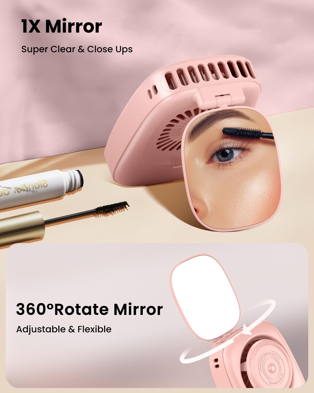 Gaiatop Mini Neck Fan, Rechargeable Handheld Desk Use, LED Power Display 3 Speed 360°Rotate Mirror for Lash Makeup, Cute Camera Design Small Portable USB Fans Personal Cooling Travel Essentials