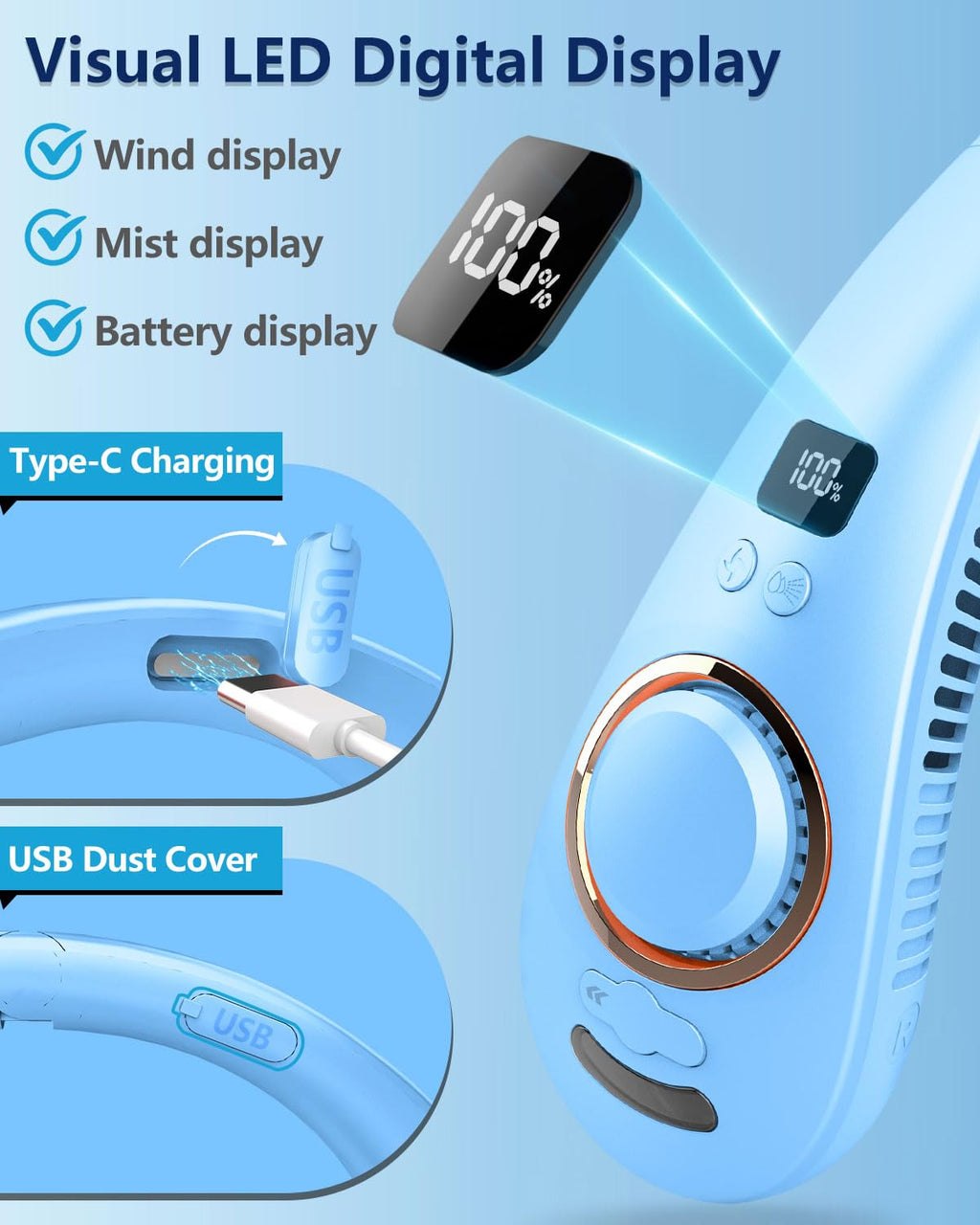 Portable Neck Fans with Mist, Rechargeable 4-9H Lasting Neck Cooling that Blow Cold Air, 5 Speeds & LED display, USB-C Bladeless Folding Personal Mister for Kid Adult Indoor Outdoors Sports, White