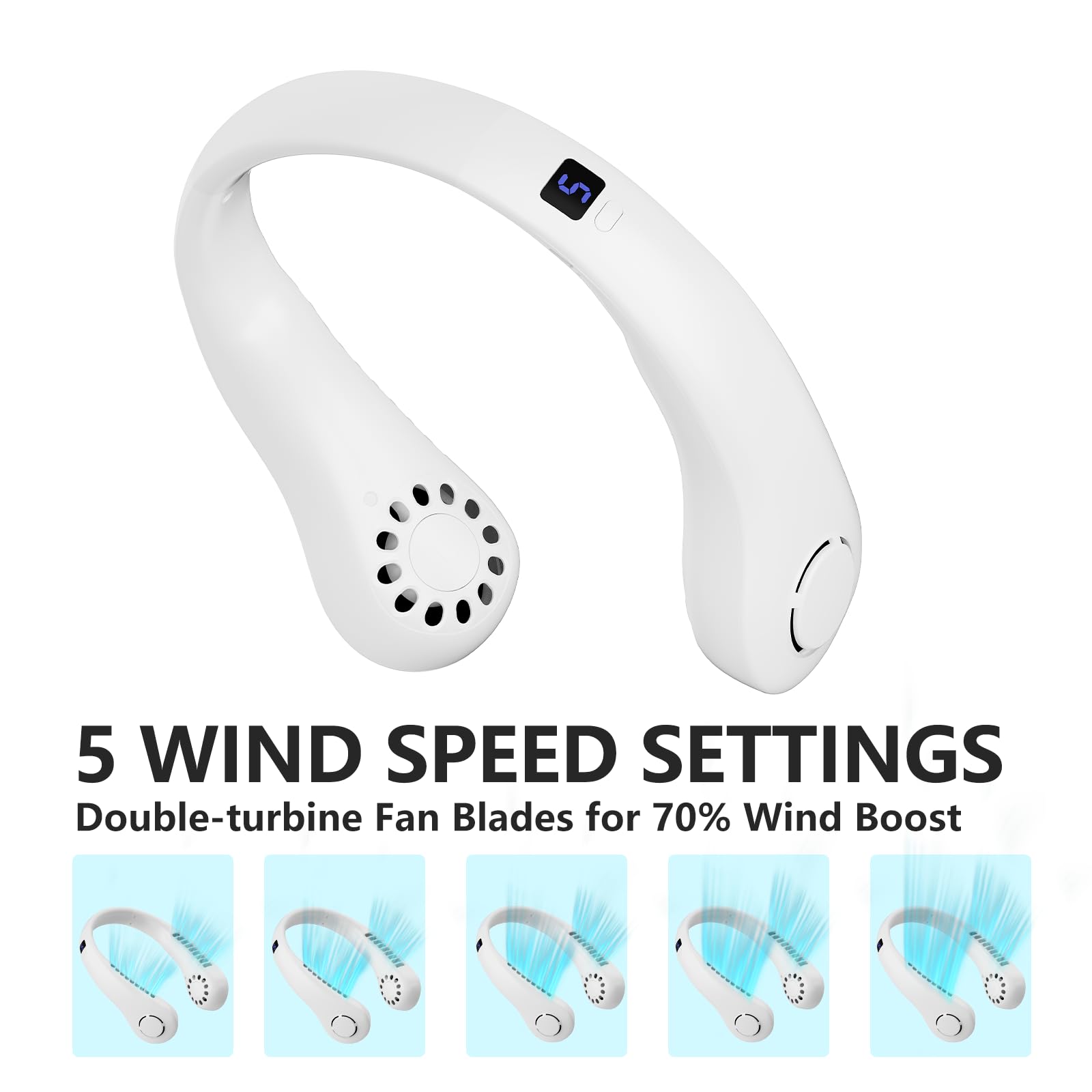 Portable Neck Fan, 360° Cooling Personal Fan with 5 Speeds, USB Rechargeable Wearable Neck Fan, Hands Free Bladeless Fan, Twistable, Mini Portable Fan, Gifts for Men Women Mom Dad, White