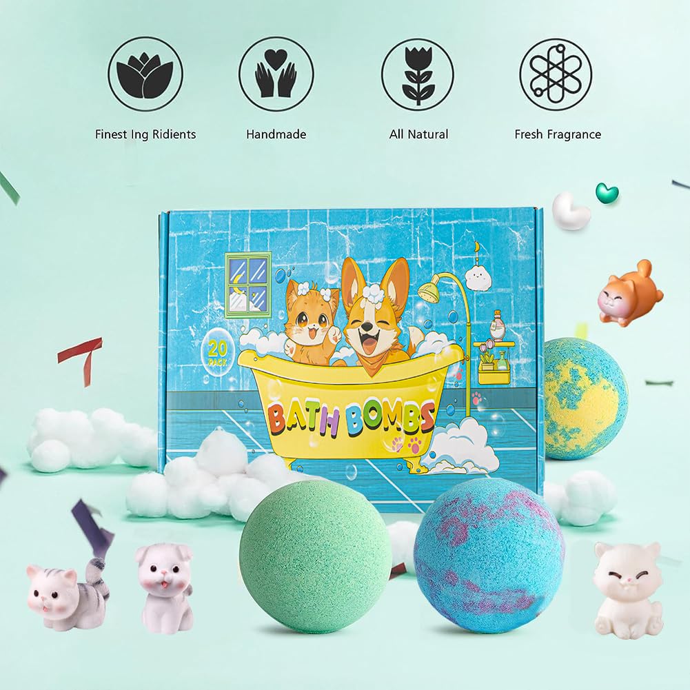 Bath Bombs for Kids with Surprise Inside for Girls Boys Toddlers, 20 Pack Organic Kids Bath Bombs with Puppy Dolls Inside, Kids Safe Handmade Bubble Bath Fizzies, Ideal Birthday Christmas Gift Set