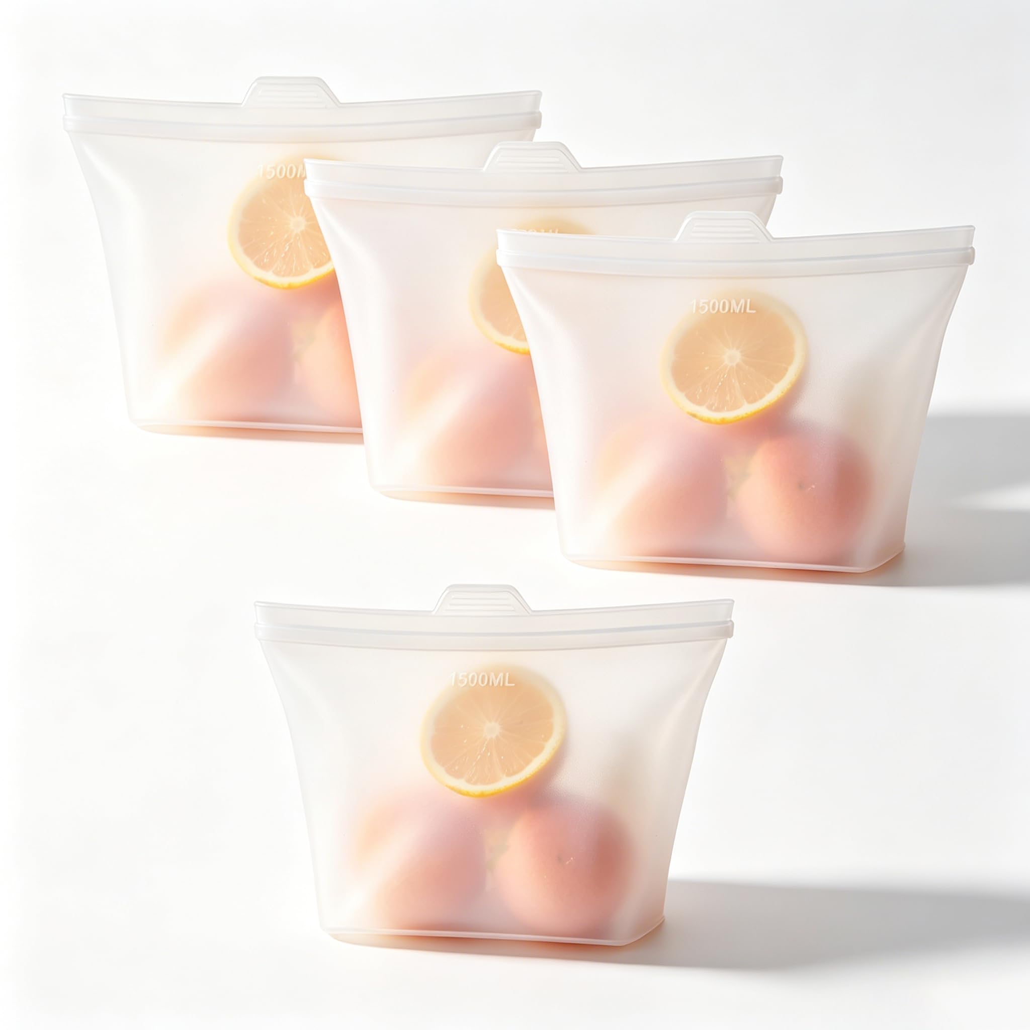 Reusable Silicone Food Storage Bags, 100% Silicone Stand-Up Wide-Open Zip-Lock Reusable Storage Bags for Food, Freezer Microwave Oven Dishwasher Safe (Translucent | M+S | 8 PC)