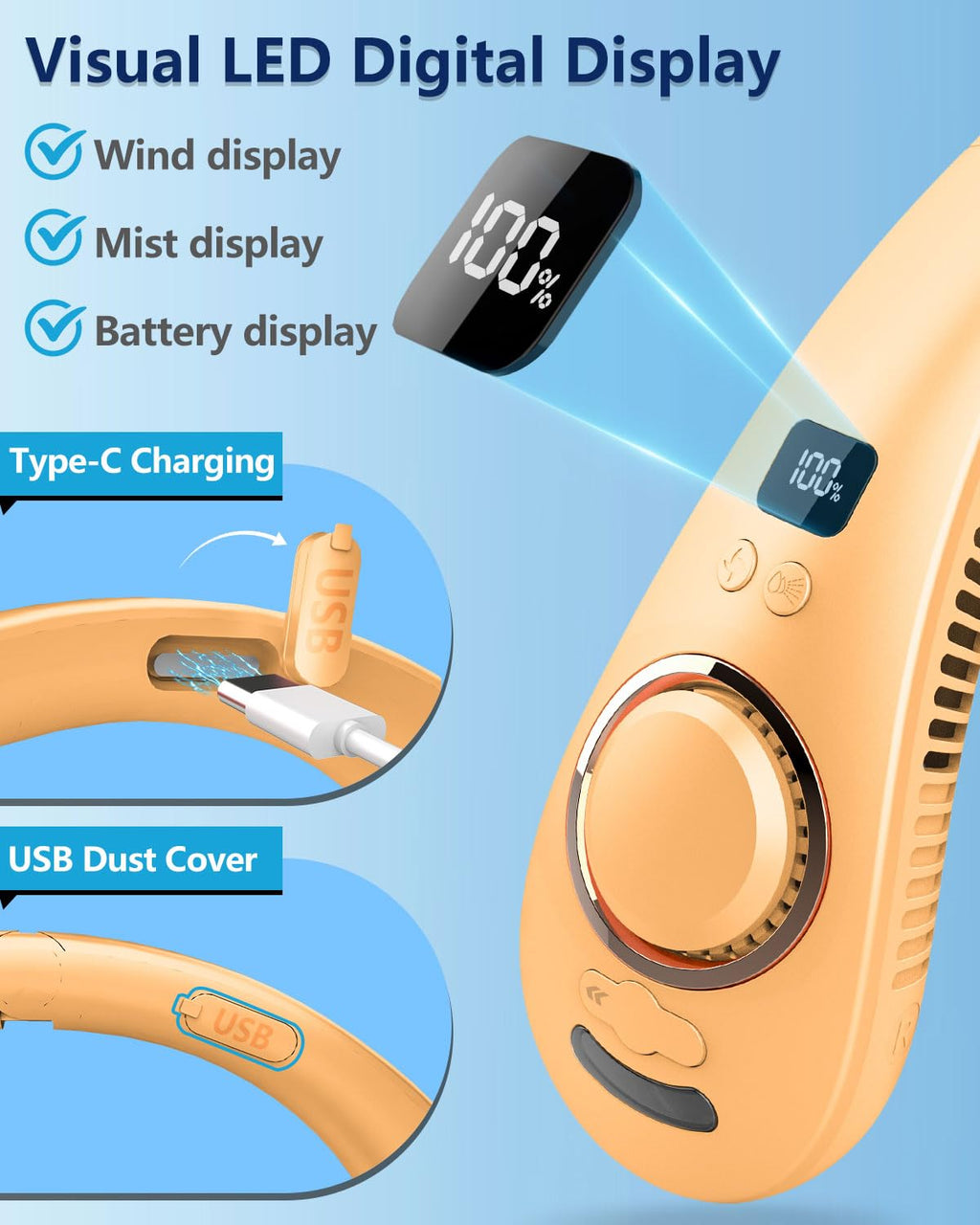 Portable Neck Fans with Mist, Rechargeable 4-9H Lasting Neck Cooling that Blow Cold Air, 5 Speeds & LED display, USB-C Bladeless Folding Personal Mister for Kid Adult Indoor Outdoors Sports, White