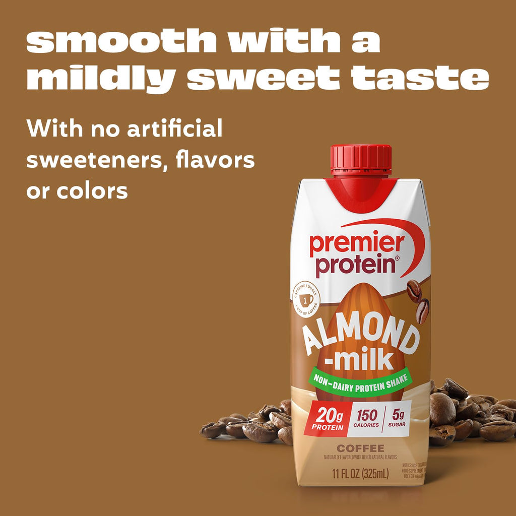 Premier Protein Non-Dairy Plant Based Almondmilk Protein Shake, Coffee with Caffeine for Energy – 20g Protein, 5g Sugar, 11 fl oz, 4 Pack