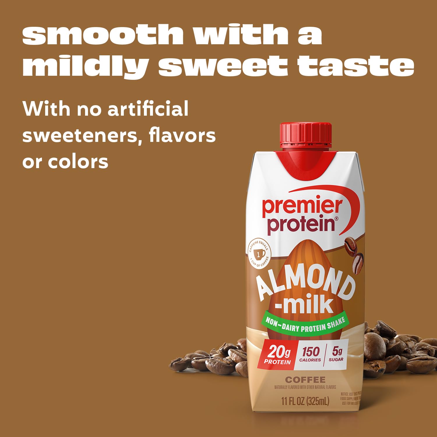 Premier Protein Non-Dairy Plant Based Almondmilk Protein Shake, Coffee with Caffeine for Energy – 20g Protein, 5g Sugar, 11 fl oz, 4 Pack