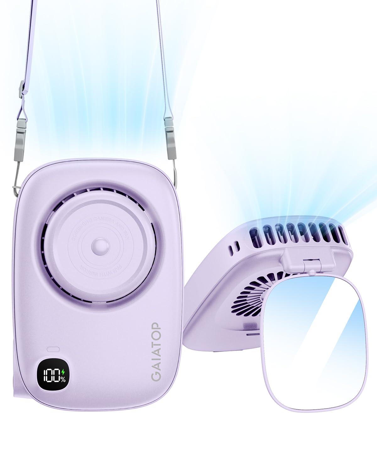 Gaiatop Mini Neck Fan, Rechargeable Handheld Desk Use, LED Power Display 3 Speed 360°Rotate Mirror for Lash Makeup, Cute Camera Design Small Portable USB Fans Personal Cooling Travel Essentials