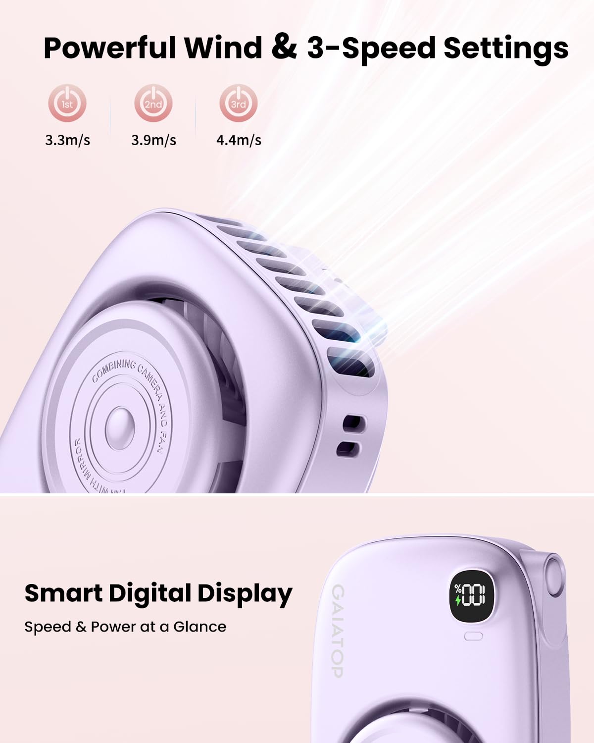 Gaiatop Mini Neck Fan, Rechargeable Handheld Desk Use, LED Power Display 3 Speed 360°Rotate Mirror for Lash Makeup, Cute Camera Design Small Portable USB Fans Personal Cooling Travel Essentials