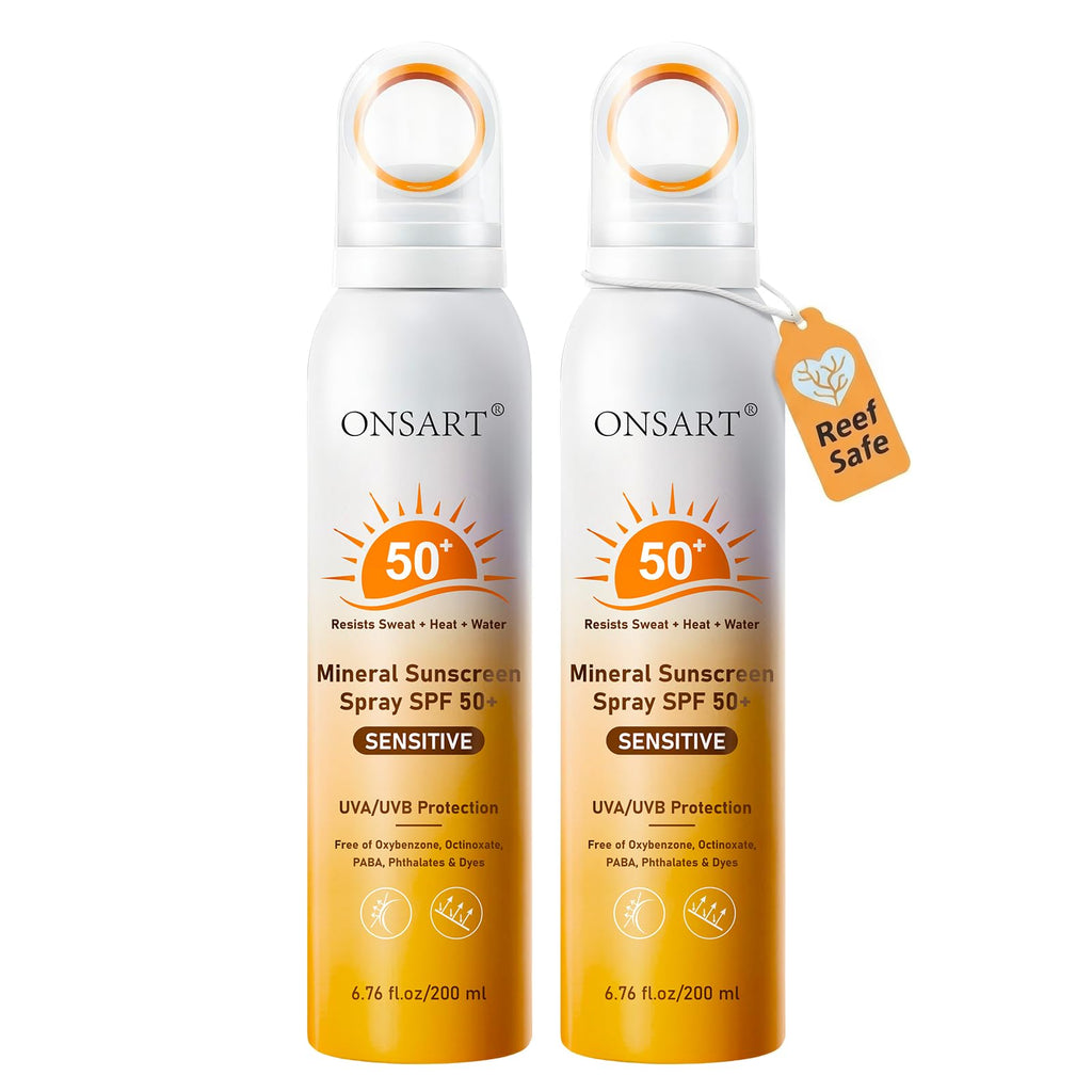 Mineral Sunscreen Spray SPF 50+, Reef Safe, Zinc Oxide Sunscreen, Broad Spectrum UVA/UVB, 360° Ring Spray, Water Resistant 80 Minutes, Lightweight Non-Greasy, 6.76 fl Oz (Pack of 2)
