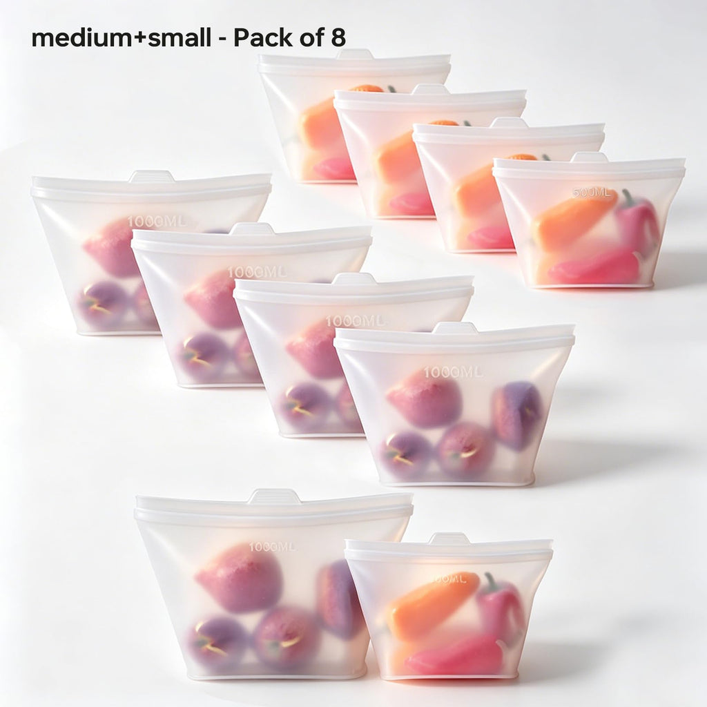 Reusable Silicone Food Storage Bags, 100% Silicone Stand-Up Wide-Open Zip-Lock Reusable Storage Bags for Food, Freezer Microwave Oven Dishwasher Safe (Translucent | M+S | 8 PC)