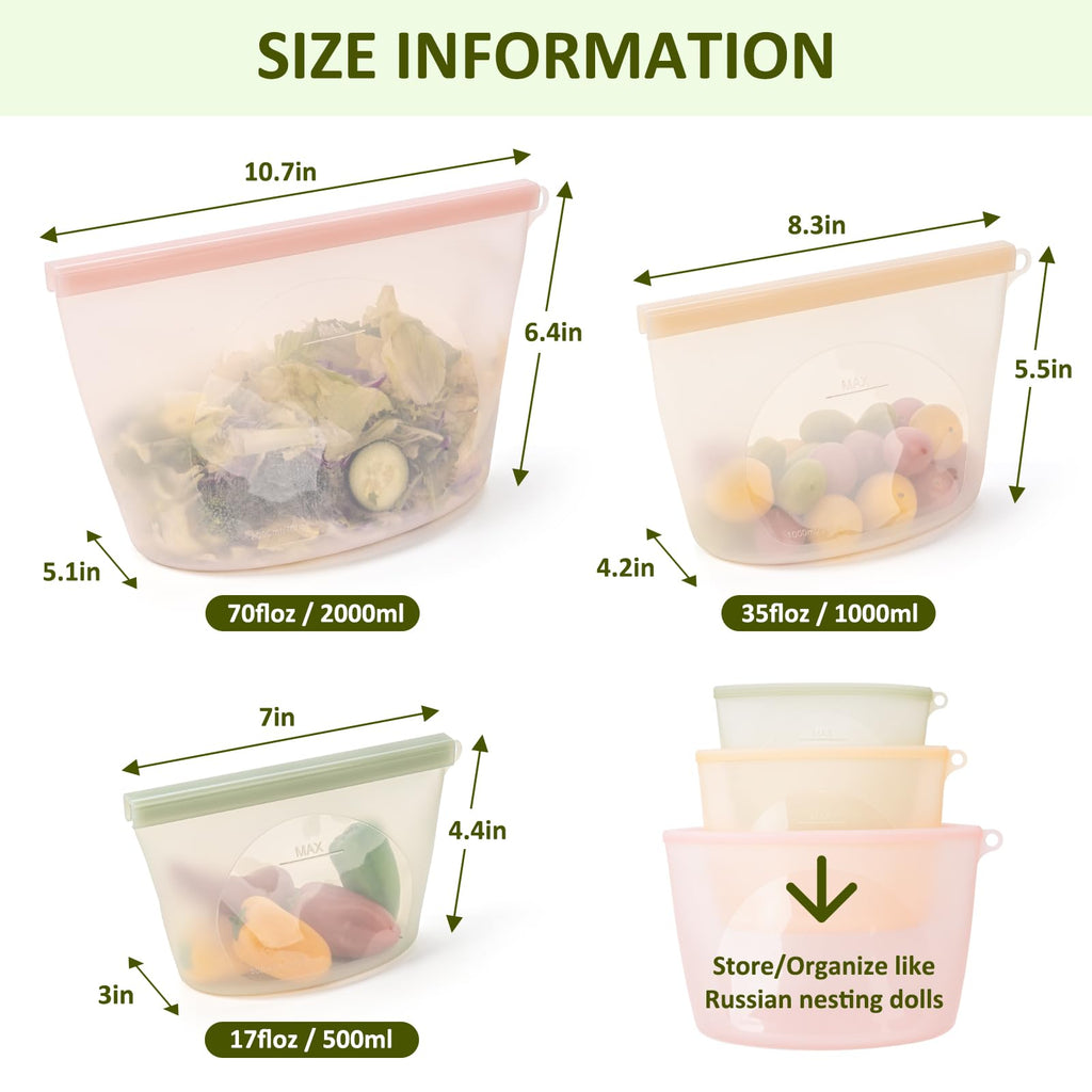 Extra Large Reusable Silicone Food Storage Bags 4 Pack, 0.8 Gallon/3000ml, 100% Silicone Stand-Up Wide-Open Zip-Lock Reusable Bags for Large Items, Microwave Freezer Oven Dishwasher Safe, Translucent
