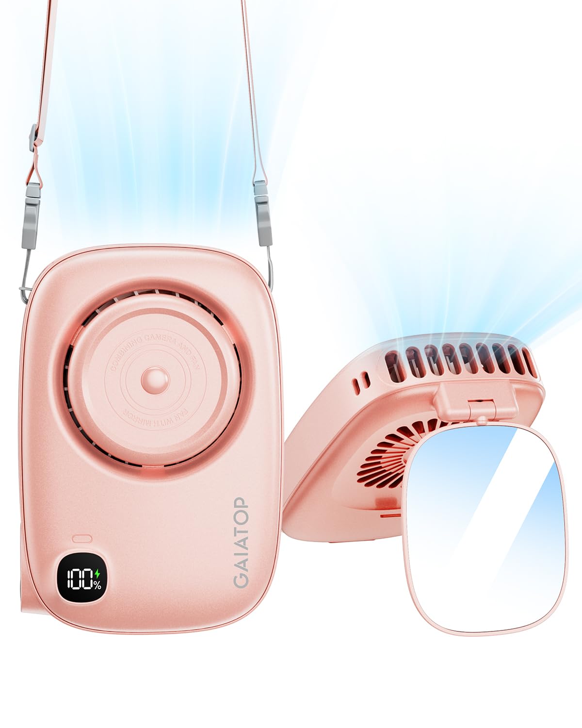 Gaiatop Mini Neck Fan, Rechargeable Handheld Desk Use, LED Power Display 3 Speed 360°Rotate Mirror for Lash Makeup, Cute Camera Design Small Portable USB Fans Personal Cooling Travel Essentials