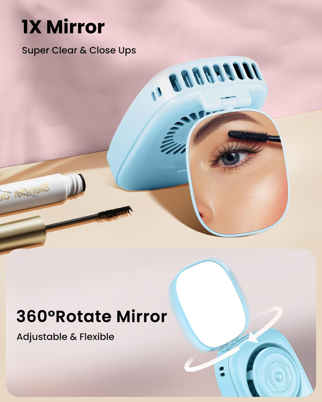 Gaiatop Mini Neck Fan, Rechargeable Handheld Desk Use, LED Power Display 3 Speed 360°Rotate Mirror for Lash Makeup, Cute Camera Design Small Portable USB Fans Personal Cooling Travel Essentials
