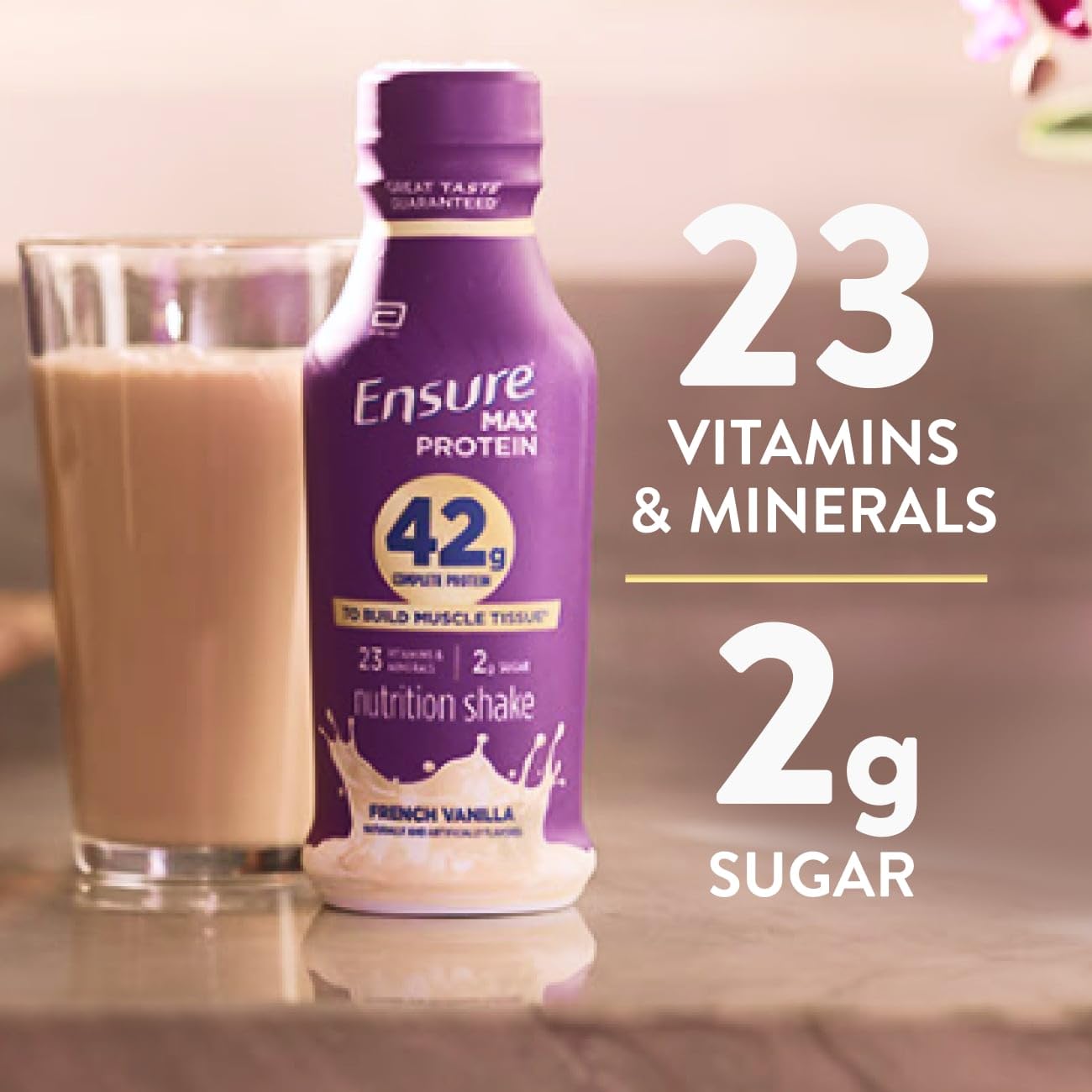 Ensure Max Protein Shake | 42g Complete Protein | French Vanilla | Ready to Drink | High Protein | 23 Vitamins & Minerals | 2g Sugar | 14 fl oz, 12 Pack