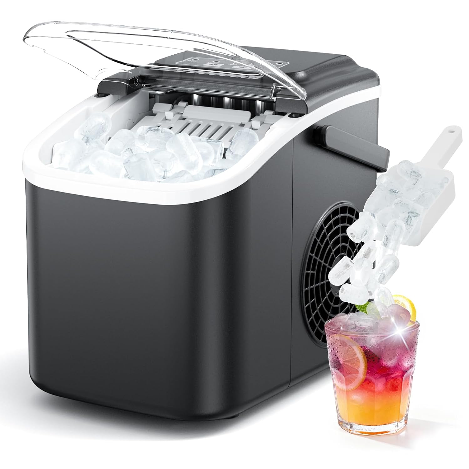 Ice Maker Countertop, 26lbs/24H Self-Cleaning Ice Machine with Handle, 8 Bullet Ice Cubes Ready in 6 Mins, Compact Ice Maker with Basket and Scoop for Home, Kitchen, Office, RV, Party