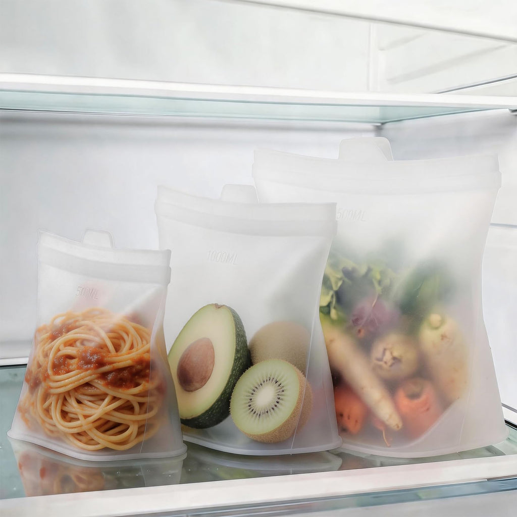 Reusable Silicone Food Storage Bags, 100% Silicone Stand-Up Wide-Open Zip-Lock Reusable Storage Bags for Food, Freezer Microwave Oven Dishwasher Safe (Translucent | M+S | 8 PC)