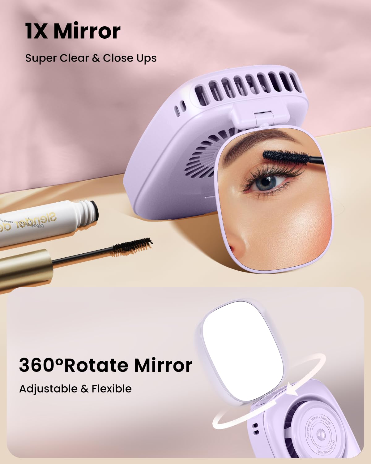 Gaiatop Mini Neck Fan, Rechargeable Handheld Desk Use, LED Power Display 3 Speed 360°Rotate Mirror for Lash Makeup, Cute Camera Design Small Portable USB Fans Personal Cooling Travel Essentials