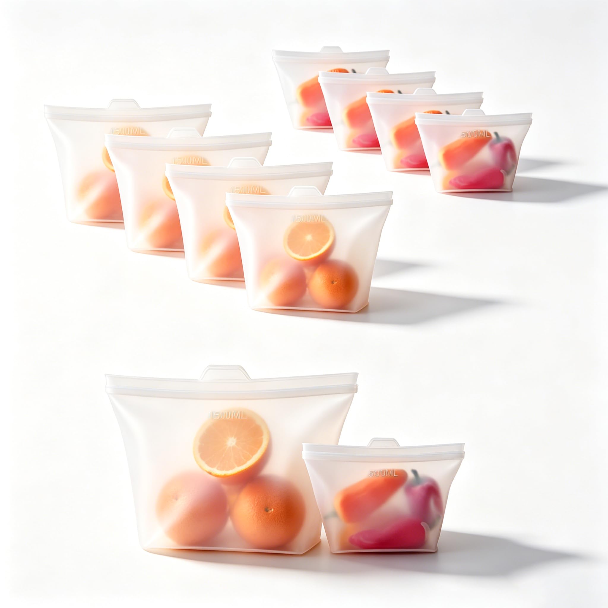 Reusable Silicone Food Storage Bags, 100% Silicone Stand-Up Wide-Open Zip-Lock Reusable Storage Bags for Food, Freezer Microwave Oven Dishwasher Safe (Translucent | M+S | 8 PC)