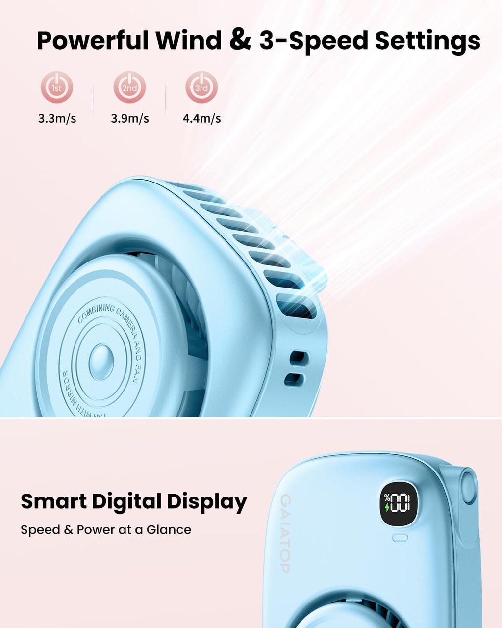Gaiatop Mini Neck Fan, Rechargeable Handheld Desk Use, LED Power Display 3 Speed 360°Rotate Mirror for Lash Makeup, Cute Camera Design Small Portable USB Fans Personal Cooling Travel Essentials