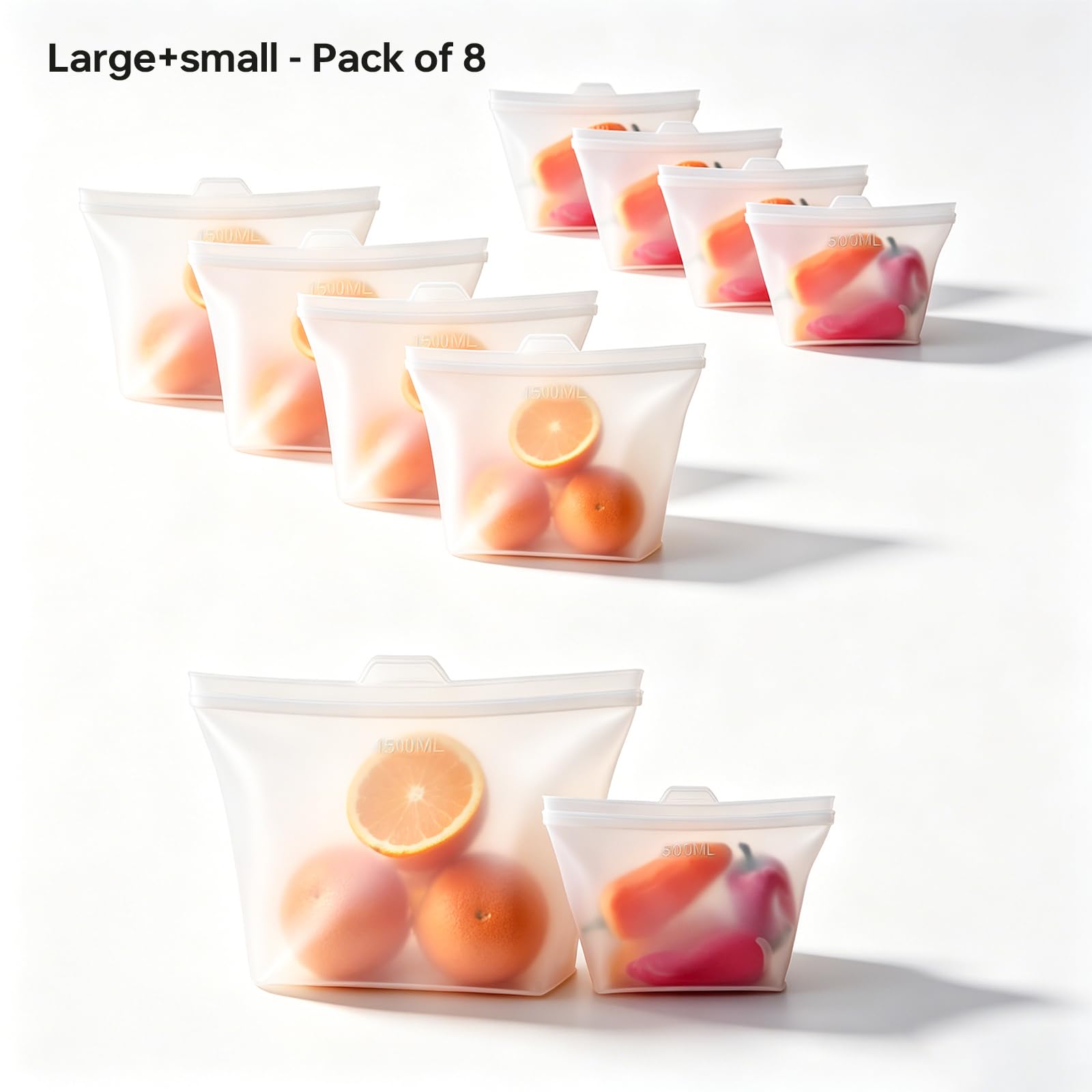 Reusable Silicone Food Storage Bags, 100% Silicone Stand-Up Wide-Open Zip-Lock Reusable Storage Bags for Food, Freezer Microwave Oven Dishwasher Safe (Translucent | M+S | 8 PC)