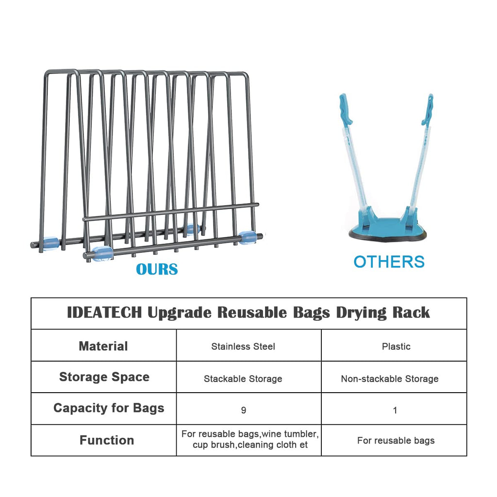 Reusable Storage Bags Rack, Drying Rack for Storage Bags, Stainless Stand for Reusable Freezer Containers & Vacuum Sealer Bags , File Organizer Desktop Storage, Kitchen Storage & Organization (Silver)