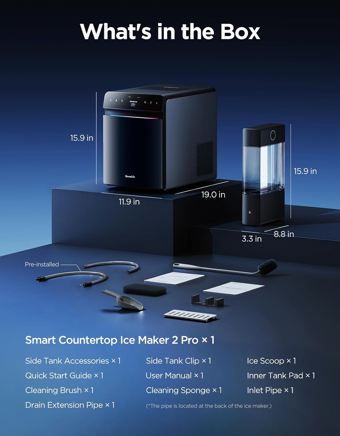 GoveeLife Smart Countertop Ice Maker 2 Pro, 3-Minute Fast 9 Ice Cubes with 3 Size, 47lbs Daily, 40dB Quiet, Smart Pre-Cooling, App & Voice Control, Self-Clean, Dual Water Tanks for Home, Coffee, Party