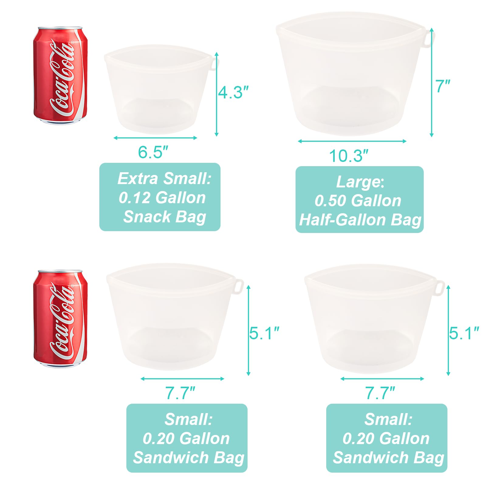 Reusable Silicone Food Storage Bags 4Pack with 2 Sandwich, 1 Lunch, and 1 Half-Gallon Bags, Multiuse Pouches Stand Up Zip Container for Soup and Leftovers, Microwave, Dishwasher, Oven and Freezer Safe