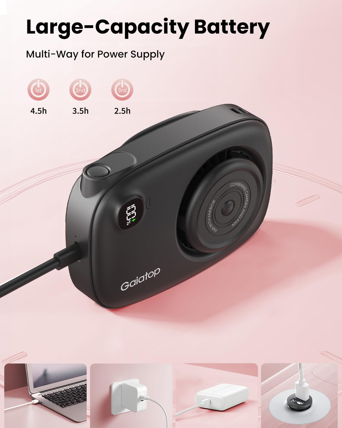 Gaiatop Mini Neck Fan, Rechargeable Handheld Desk Use, LED Power Display 3 Speed 360°Rotate Mirror for Lash Makeup, Cute Camera Design Small Portable USB Fans Personal Cooling Travel Essentials