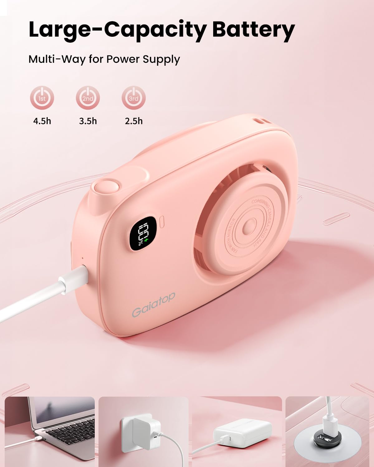 Gaiatop Mini Neck Fan, Rechargeable Handheld Desk Use, LED Power Display 3 Speed 360°Rotate Mirror for Lash Makeup, Cute Camera Design Small Portable USB Fans Personal Cooling Travel Essentials