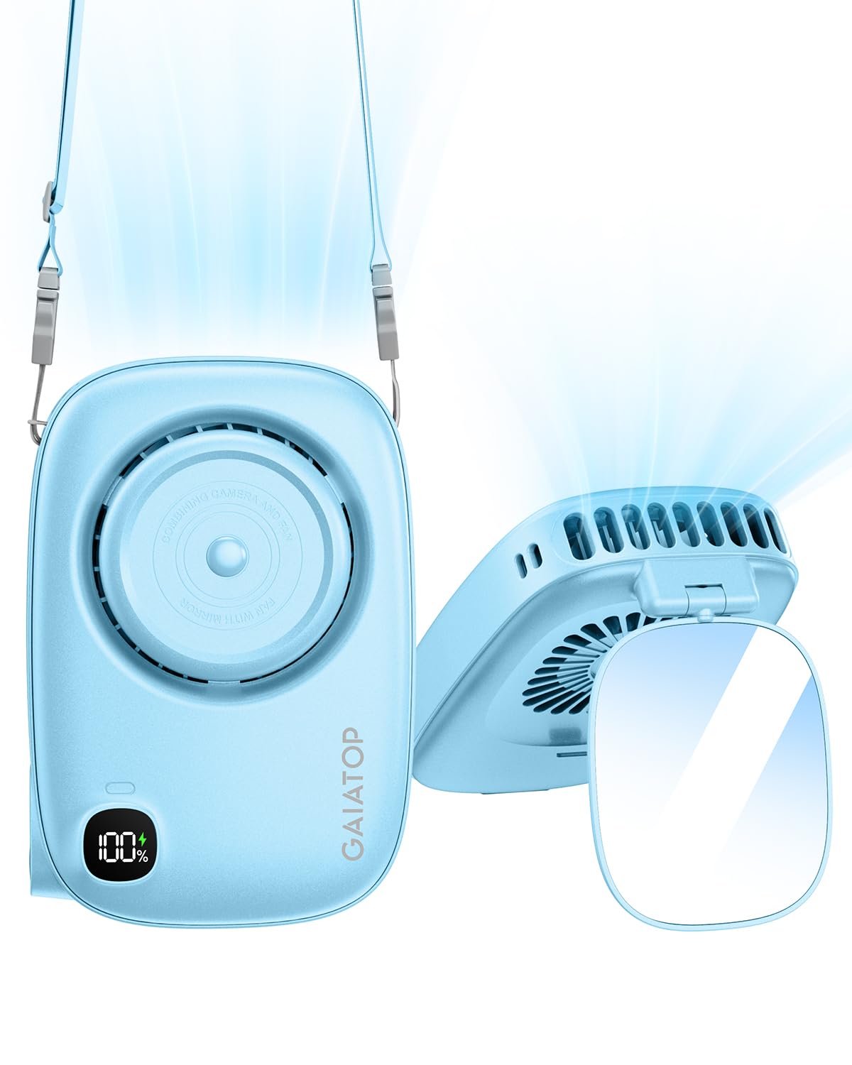 Gaiatop Mini Neck Fan, Rechargeable Handheld Desk Use, LED Power Display 3 Speed 360°Rotate Mirror for Lash Makeup, Cute Camera Design Small Portable USB Fans Personal Cooling Travel Essentials