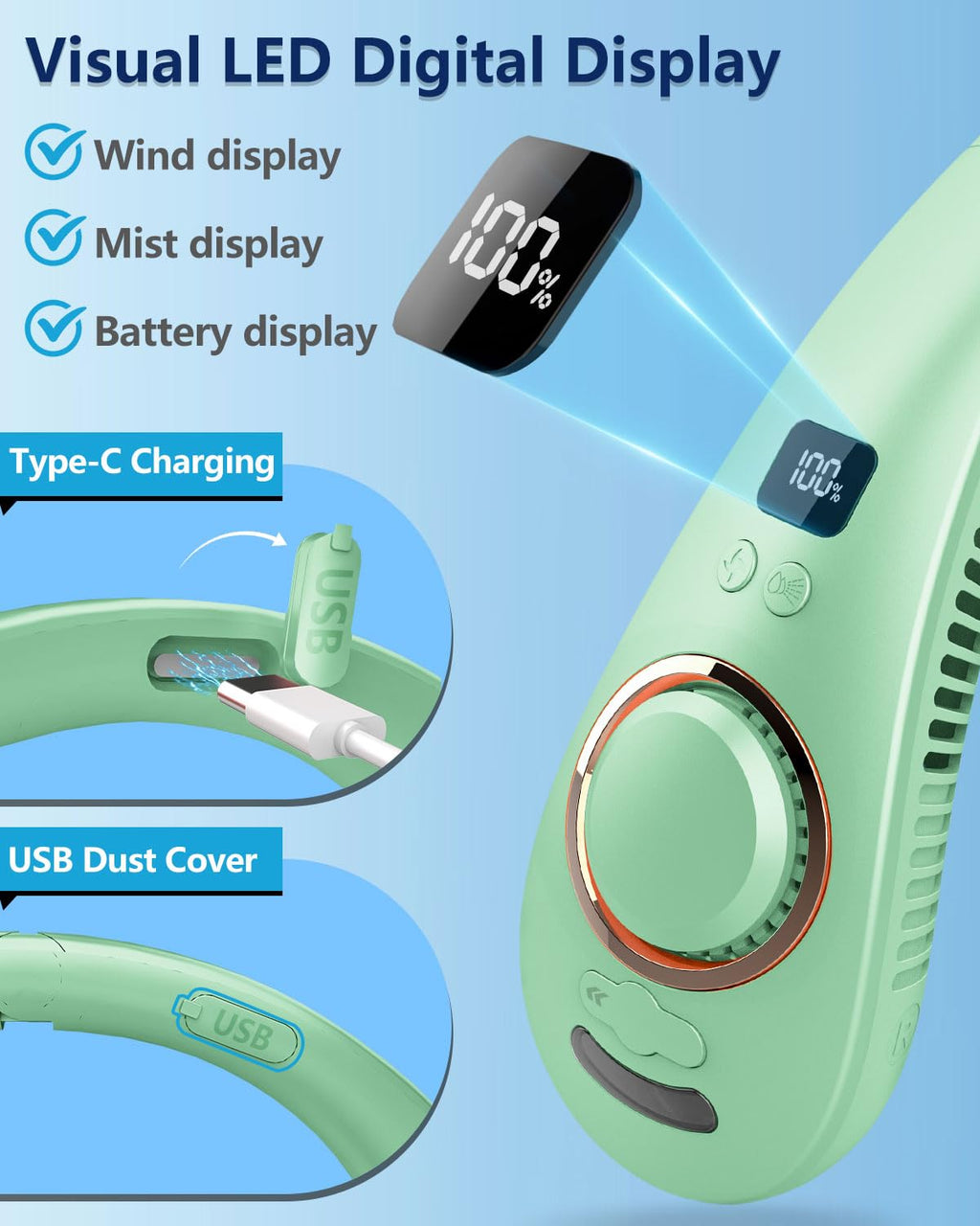 Portable Neck Fans with Mist, Rechargeable 4-9H Lasting Neck Cooling that Blow Cold Air, 5 Speeds & LED display, USB-C Bladeless Folding Personal Mister for Kid Adult Indoor Outdoors Sports, White