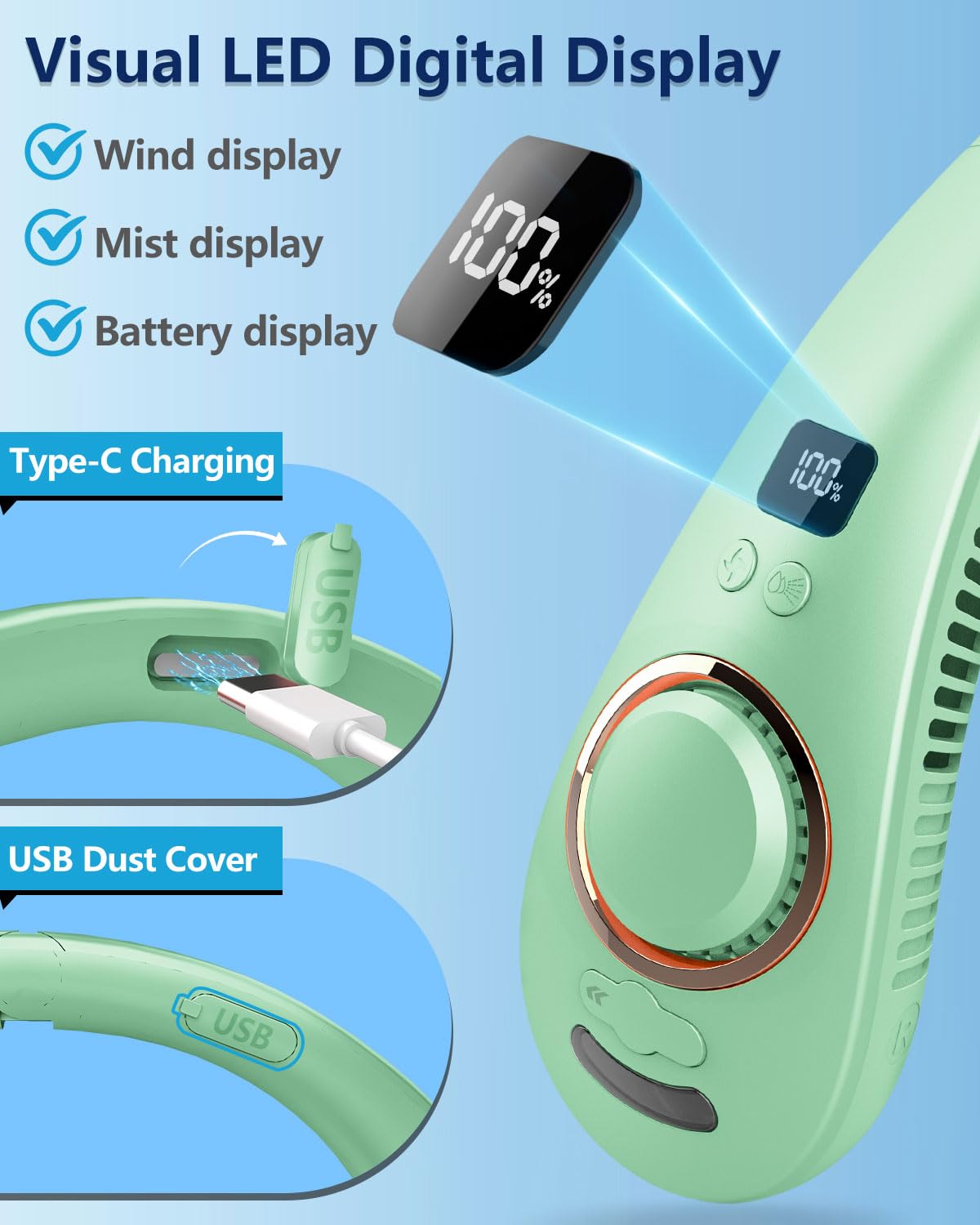 Portable Neck Fans with Mist, Rechargeable 4-9H Lasting Neck Cooling that Blow Cold Air, 5 Speeds & LED display, USB-C Bladeless Folding Personal Mister for Kid Adult Indoor Outdoors Sports, White