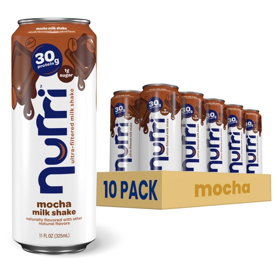 Nurri - 30g Protein Ultra Filtered Milk Shake – Mocha- with Caffeine for Energy, Lactose Free, Low Sugar, 150 Calories, 10 Vitamins and Minerals - 11 fl oz, 10 Cans
