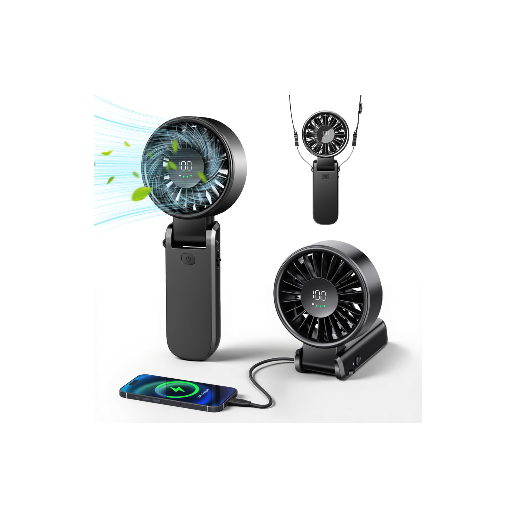 Portable Handheld Fan with Power Bank, 5000mAh Battery, Digital Display & 6-Speed Turbo – Foldable 3 in 1 Rechargeable Mini Fan for Desk, Neck, Travel, Beach, Office