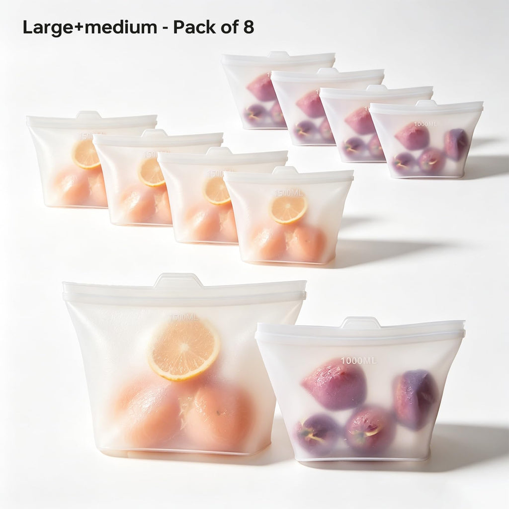 Reusable Silicone Food Storage Bags, 100% Silicone Stand-Up Wide-Open Zip-Lock Reusable Storage Bags for Food, Freezer Microwave Oven Dishwasher Safe (Translucent | M+S | 8 PC)