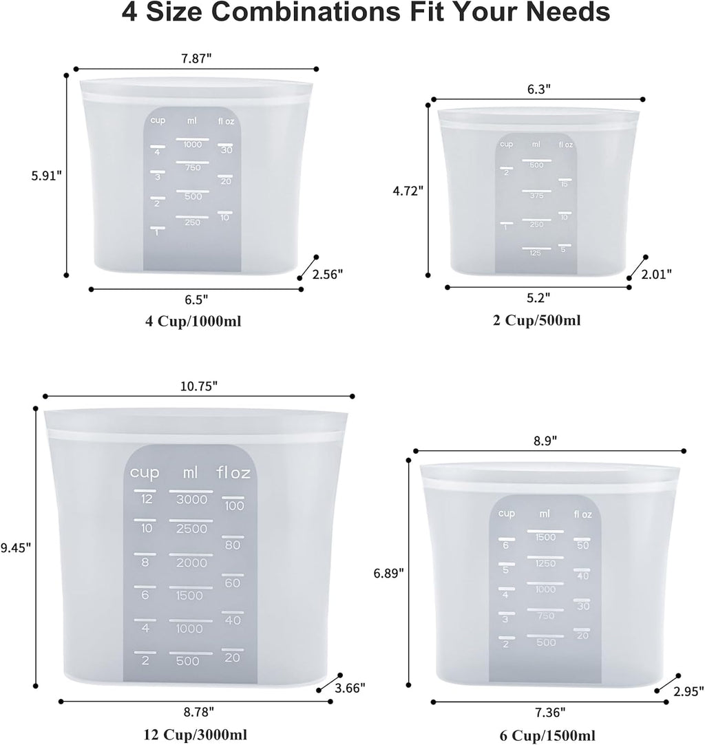 Bangp Premium Silicone Reusable Food Storage Bags,4 Pack | Stand-Up Bottom,Reclosable Freezer Bags for Soup,Sandwich,Salad Fruit,Snack,Leak-free,Food-safe Silicone,Oven,Dishwasher Safe
