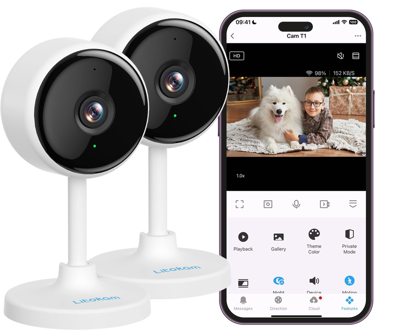 litokam Indoor Cameras for Home Security with Night Vision, Pet Camera with Phone App, WiFi Home Security Camara, Baby Monitor Work with Alexa, Motion Detection, 2 Pack, 2K