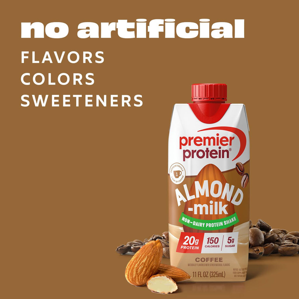 Premier Protein Non-Dairy Plant Based Almondmilk Protein Shake, Coffee with Caffeine for Energy – 20g Protein, 5g Sugar, 11 fl oz, 4 Pack