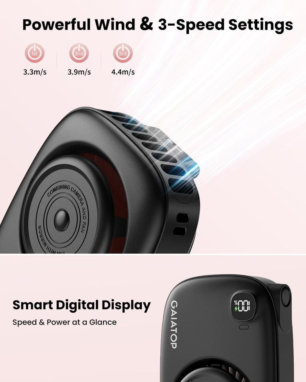 Gaiatop Mini Neck Fan, Rechargeable Handheld Desk Use, LED Power Display 3 Speed 360°Rotate Mirror for Lash Makeup, Cute Camera Design Small Portable USB Fans Personal Cooling Travel Essentials