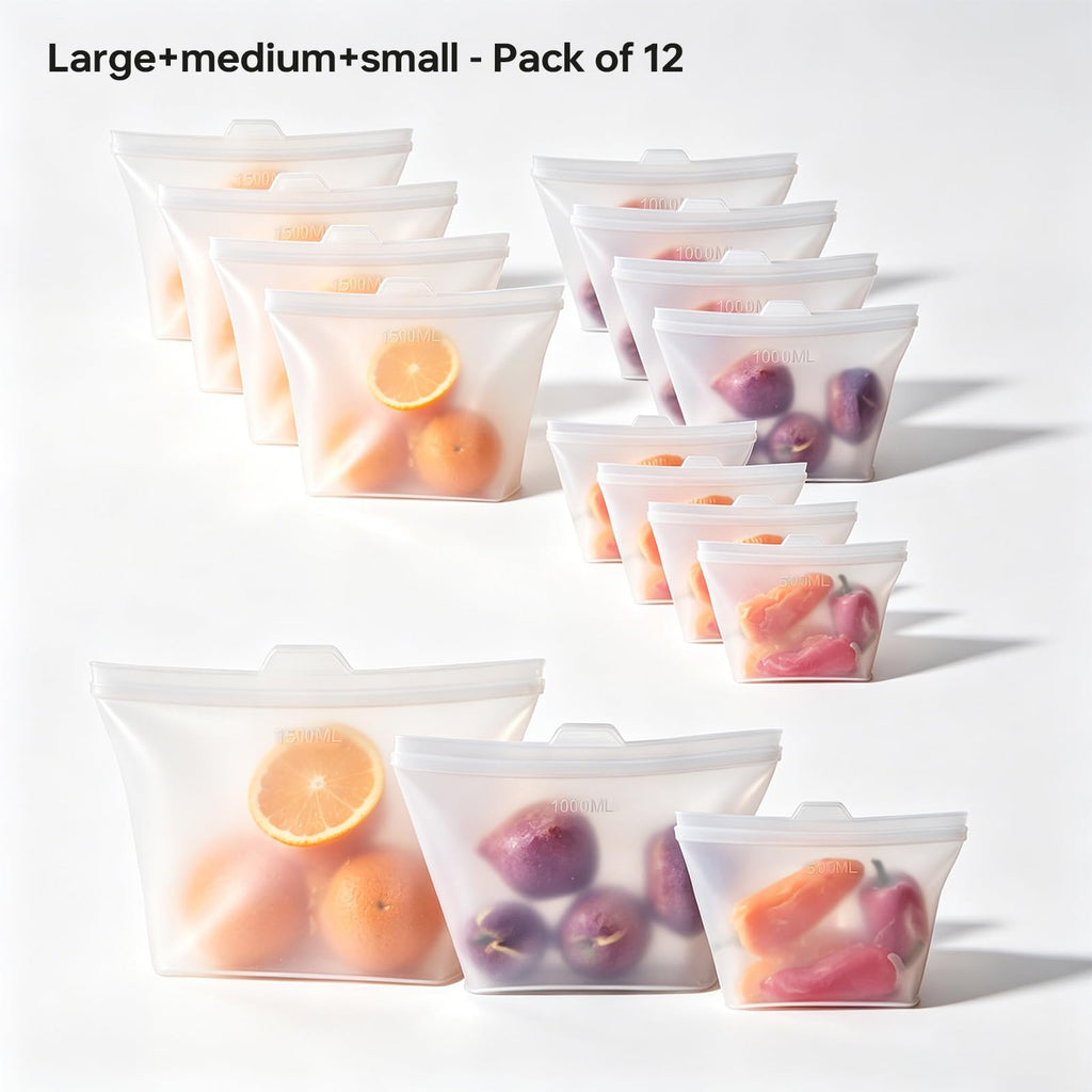 Reusable Silicone Food Storage Bags, 100% Silicone Stand-Up Wide-Open Zip-Lock Reusable Storage Bags for Food, Freezer Microwave Oven Dishwasher Safe (Translucent | M+S | 8 PC)