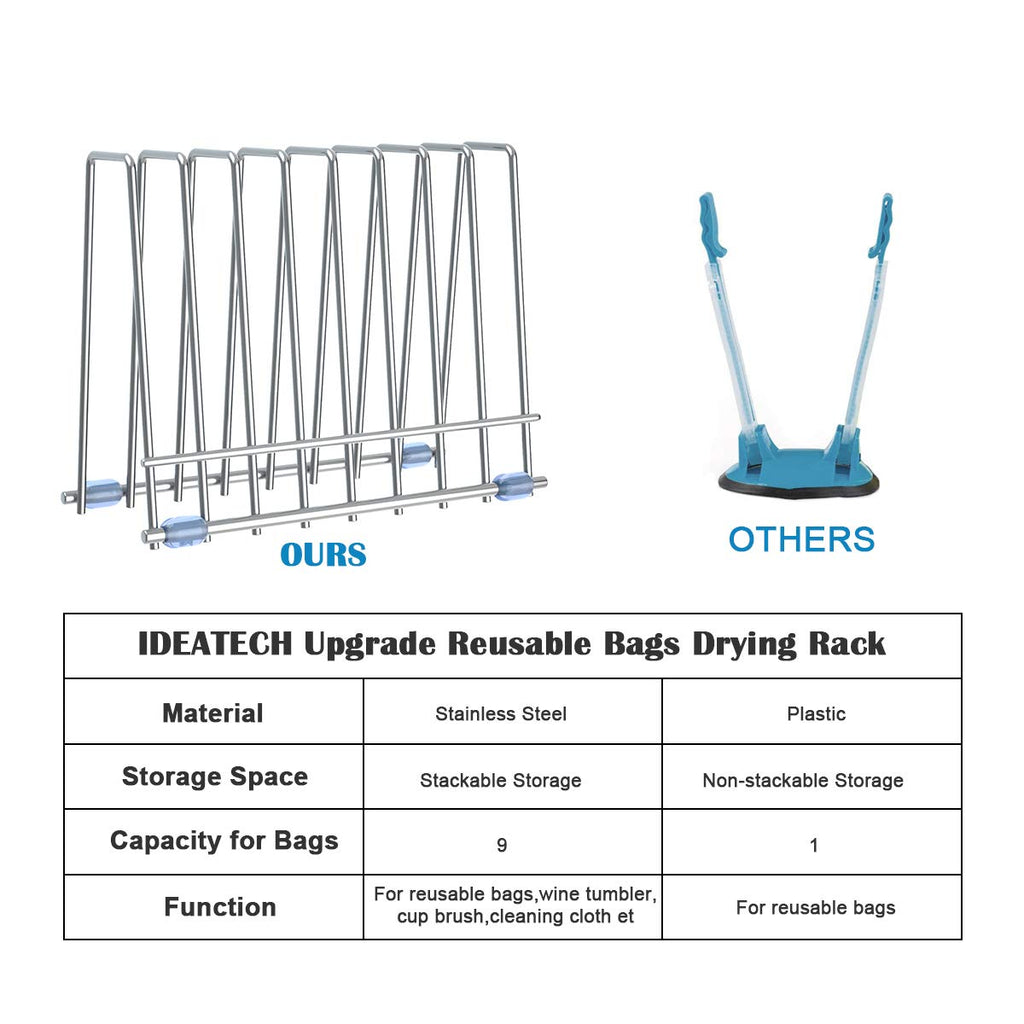 Reusable Storage Bags Rack, Drying Rack for Storage Bags, Stainless Stand for Reusable Freezer Containers & Vacuum Sealer Bags , File Organizer Desktop Storage, Kitchen Storage & Organization (Silver)