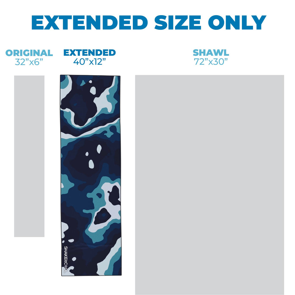 SHAKEitCOOL Extended Size Cooling Towel – Be Cool in Style - Heat Relief, Soft, Lightweight, Sun Protection, Easy Clean - Perfect for Biking, Hiking, Running, Yoga, Golf - Blue Purple Wave M